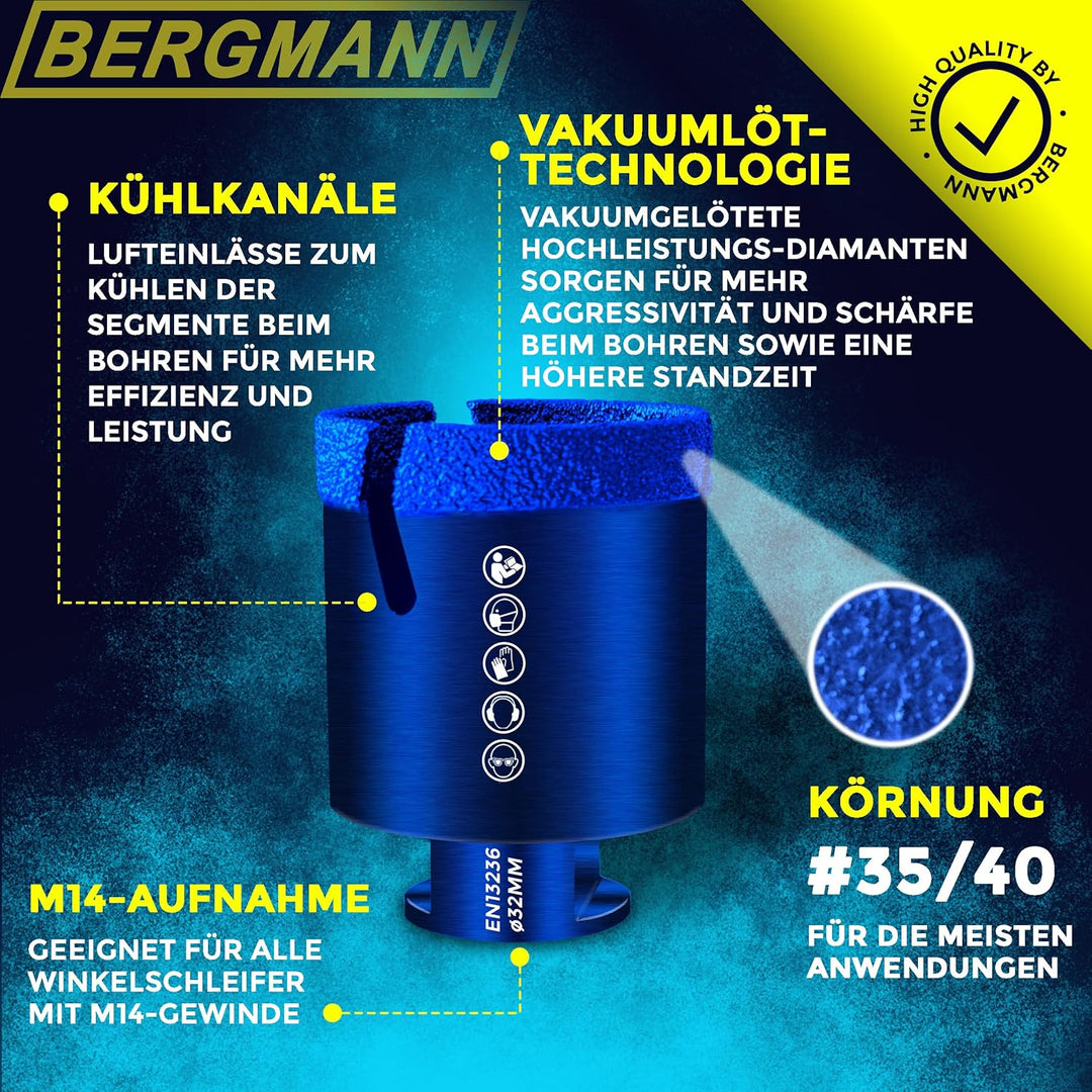 BERGMANN ® ∅ 25mm x M14 | Profi Fliesenbohrer Diamantbohrer Granitbohrer | Winkelschleifer Feinstein