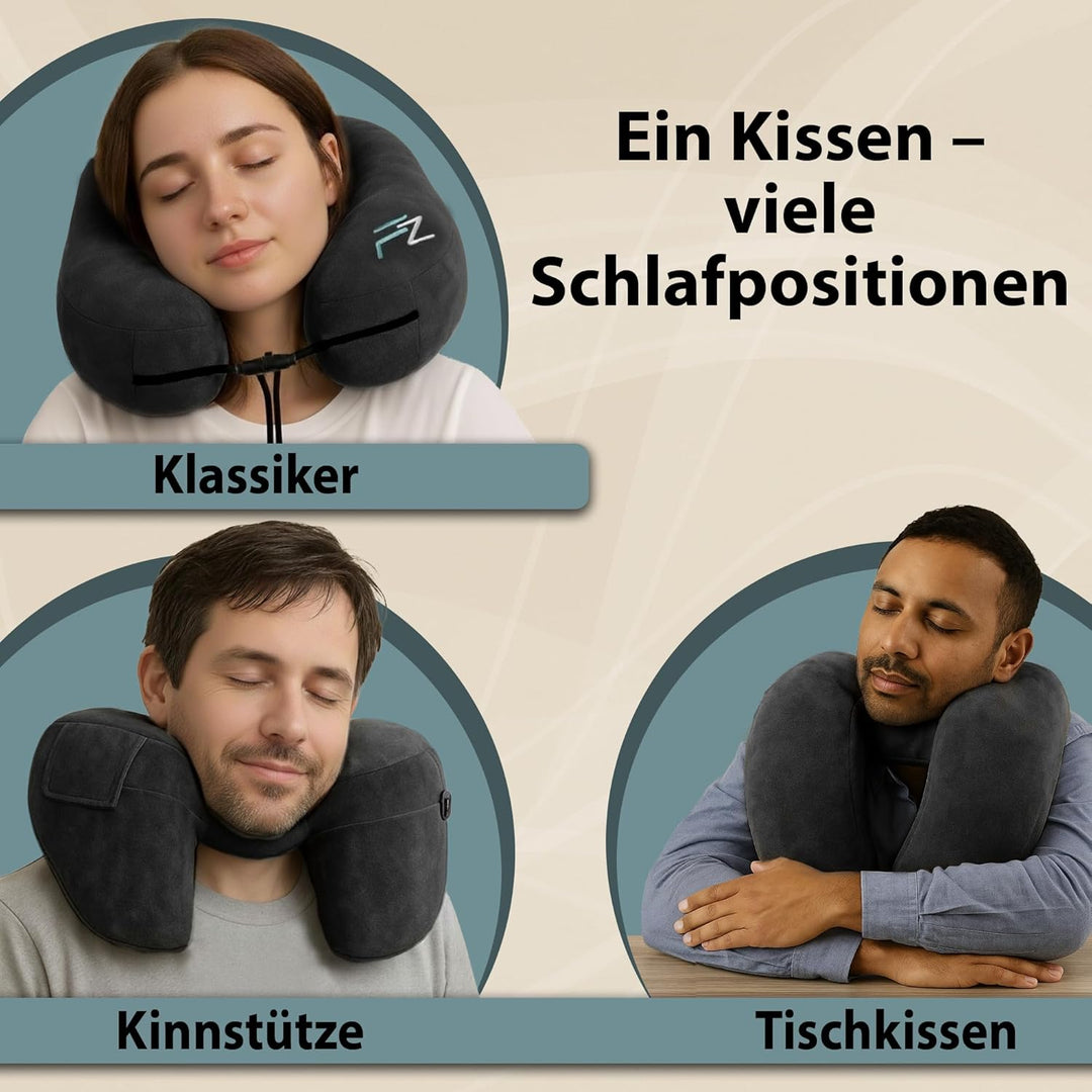 FLOWZOOM AIR Nackenkissen aufblasbar mit Kapuze - Reisekissen - Schnell aufblasbares Reise - Flugzeu