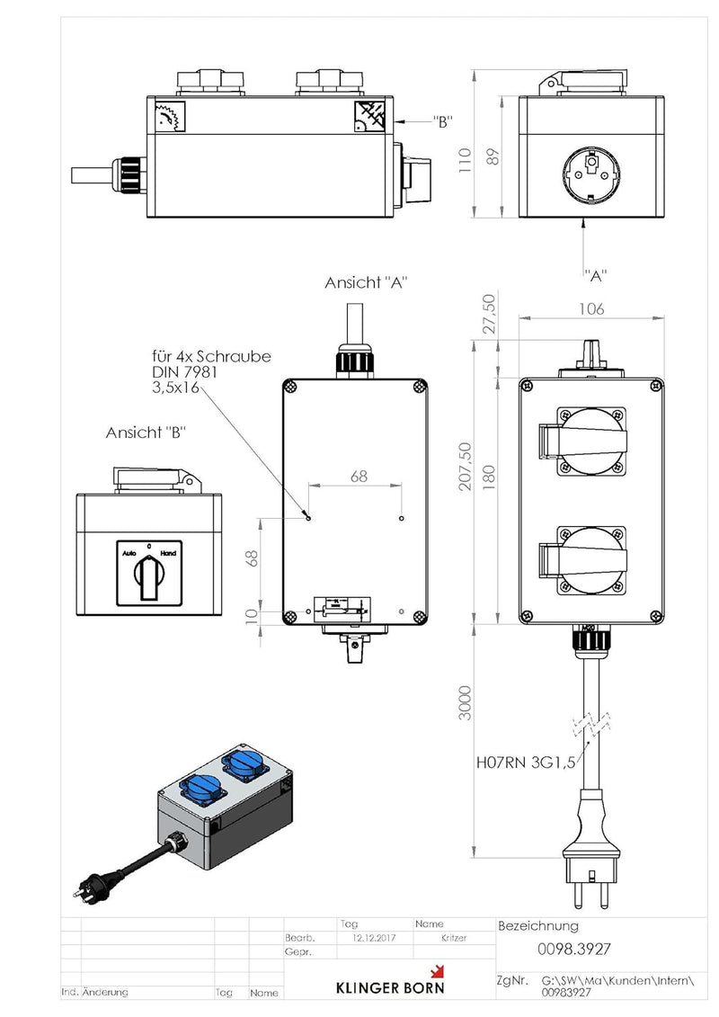 KlingerBorn Einschaltautomatik 1Ph-230V, mit Wahlschalter Hand-Aus-Auto, feste Verzögerungszeiten, 3