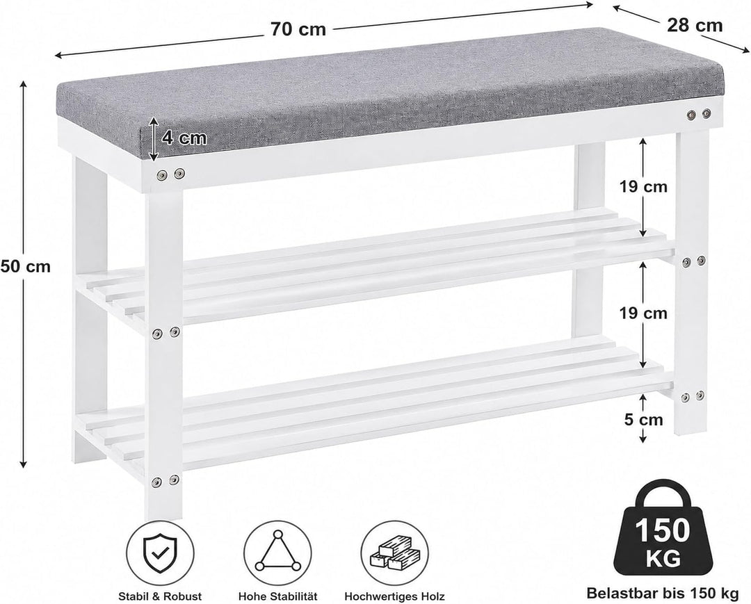 APICIZON Bambus Schuhbank, Schuhregal mit 3 Ebenen, 70×28×50cm, Schuhschrank mit Gepolstertem Sitz f