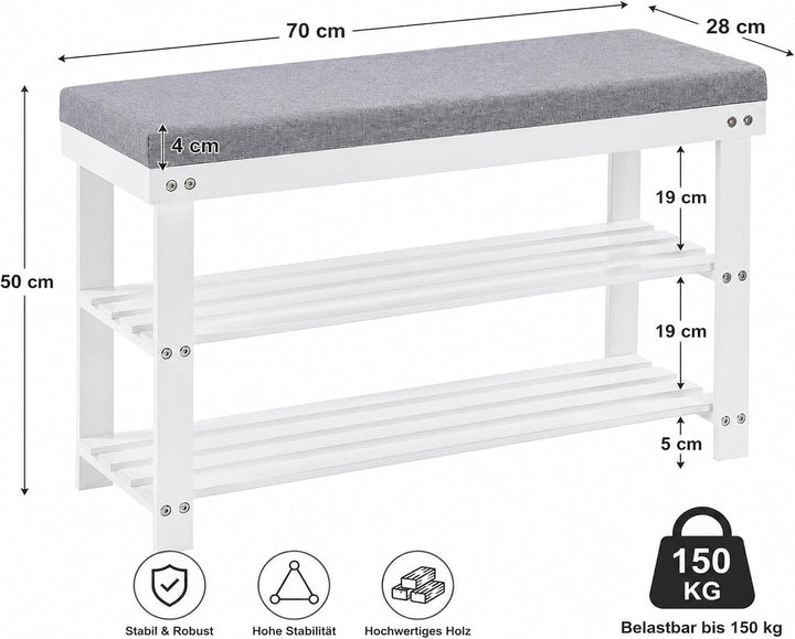 APICIZON Bambus Schuhbank, Schuhregal mit 3 Ebenen, 70×28×50cm, Schuhschrank mit Gepolstertem Sitz f