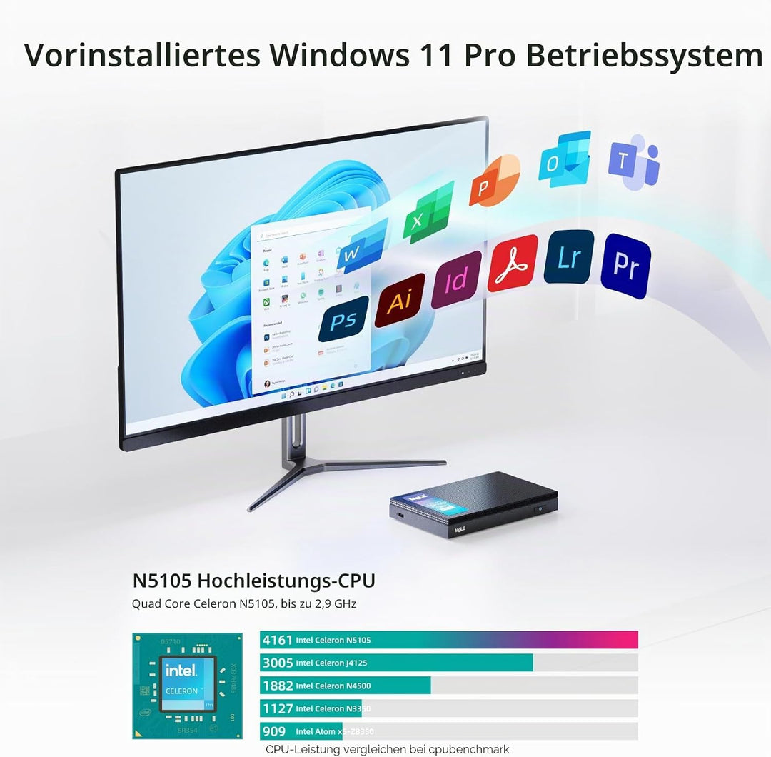 MeLE Mini PC, Quieter3Q Celeron N5105 8GB 128GB Windows 11 Pro Micro Computer Lüfterlose Kleine Desk