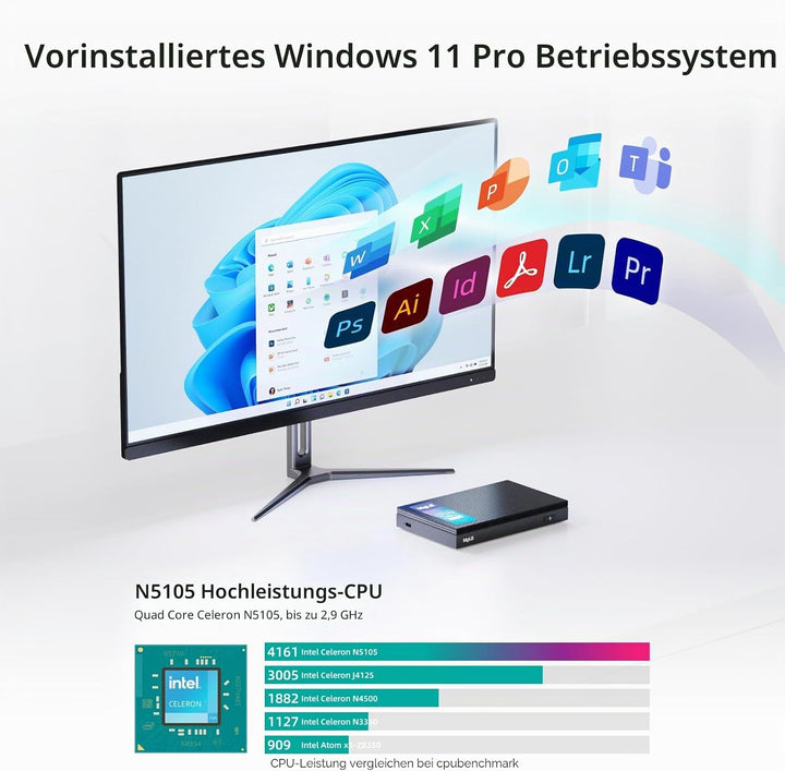 MeLE Mini PC, Quieter3Q Celeron N5105 8GB 128GB Windows 11 Pro Micro Computer Lüfterlose Kleine Desk