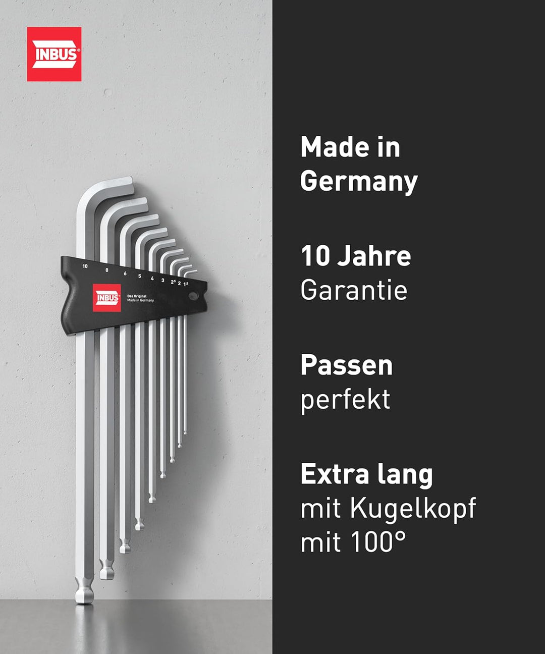INBUS® 70211 Winkelschraubendreher Set 9tlg, 1.5–10mm, mit 100° Winkel & Kugelkopf — Made in Germany