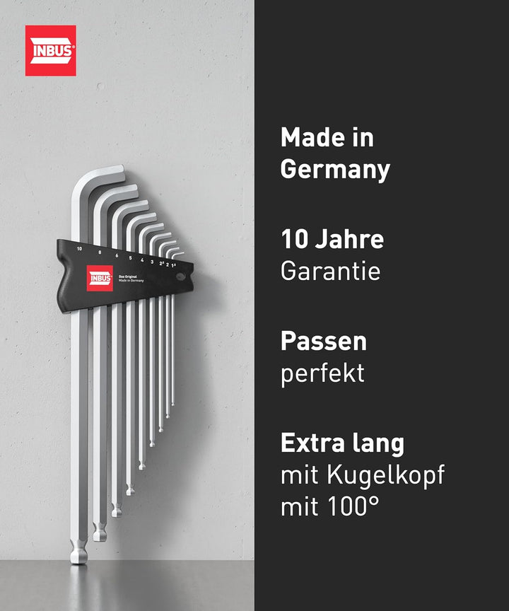 INBUS® 70211 Winkelschraubendreher Set 9tlg, 1.5–10mm, mit 100° Winkel & Kugelkopf — Made in Germany