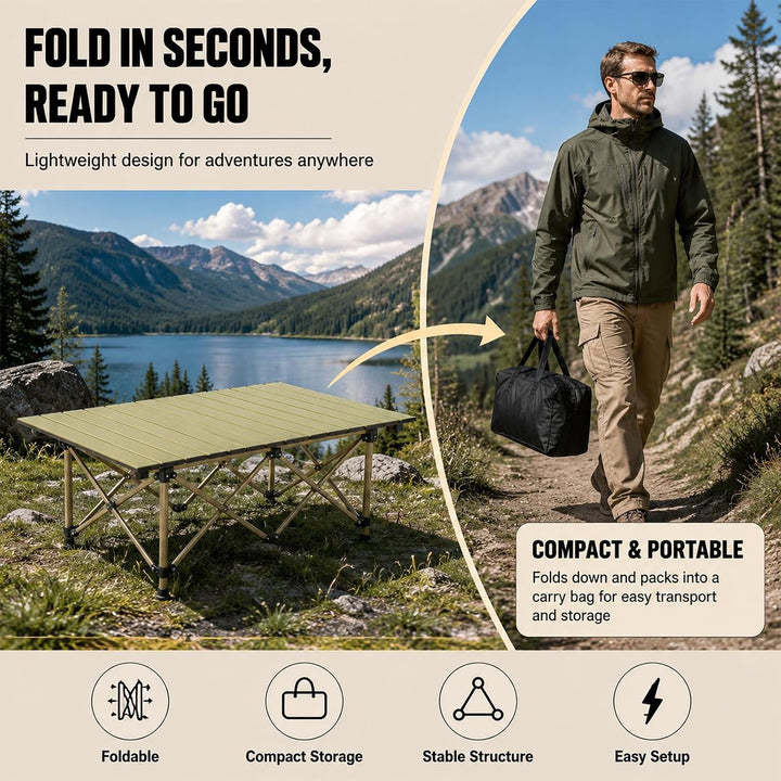 Campingtisch faltbar Klapptisch, Aufrollbare Tischplatte, Camping Falttisch Tragbar Kohlenstoffstahl