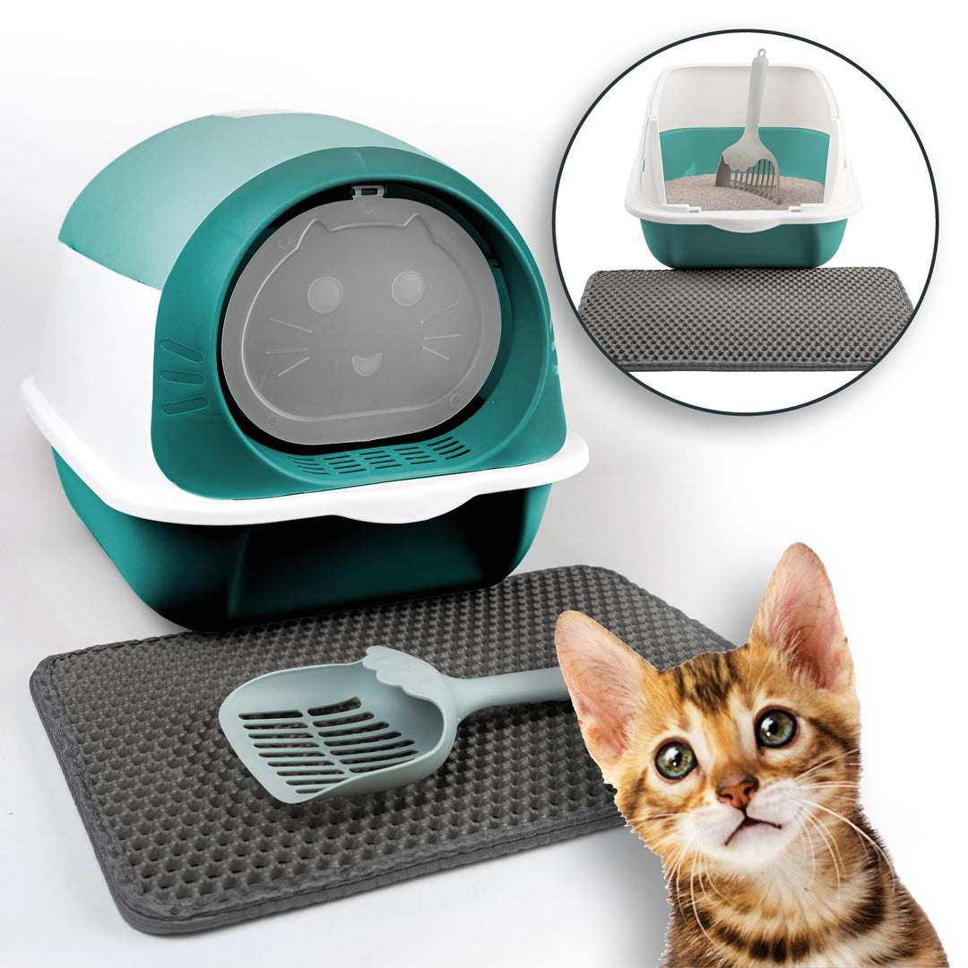 LINUMA® Katzenklo mit Deckel abnehmbar - Katzen Klo mit Katzenstreumatte, Streuschaufel & Aktivkohle