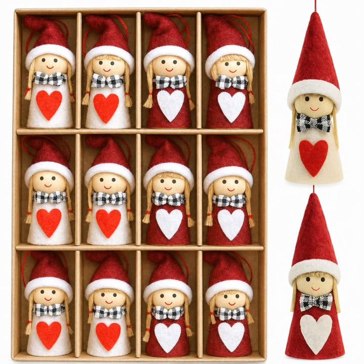 MIJOMA 12er Set Weihnachtswichtel – Handgemachter Baumschmuck aus Holz &amp; Stoff – Deko-Wichtel für Ta