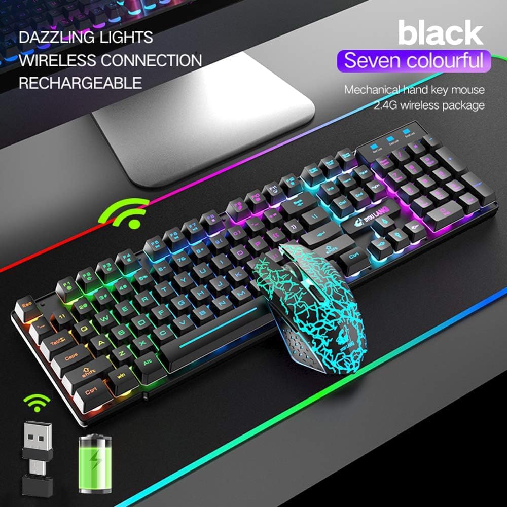 Kabellose Tastatur mit Regenbogen-Hintergrundbeleuchtung, 2,4 G, wiederaufladbar, mechanische Haptik