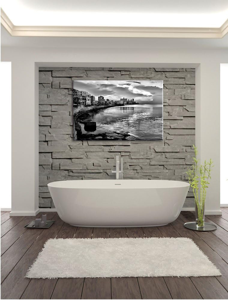 Pixxprint Blick auf Stadt am Meer / 100x70cm Leinwandbild bespannt auf Holzrahmen/Wandbild Kunstdruc