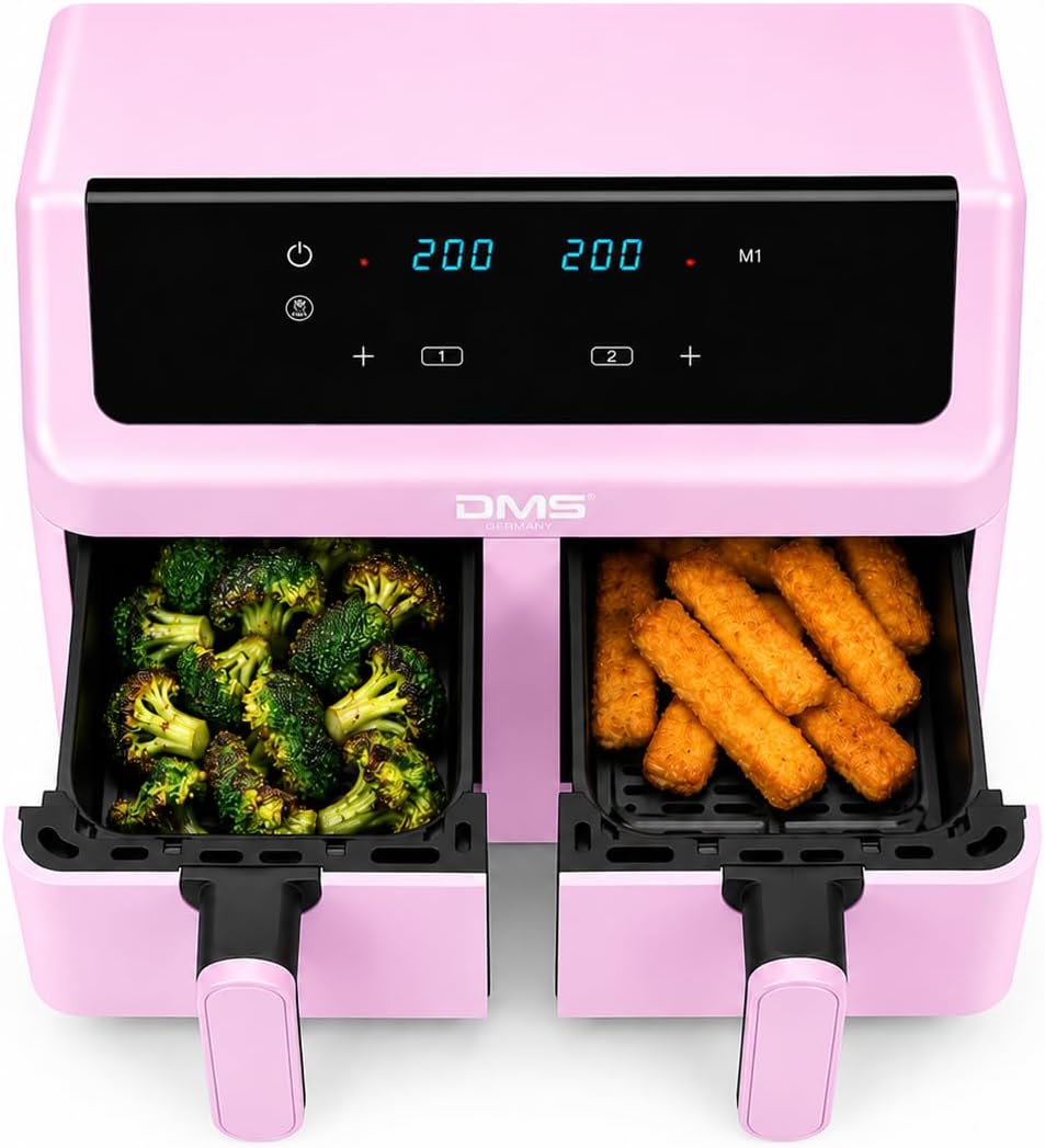 DMS® Doppelkammer Heissluftfritteuse 9L 2000W Air Fryer, Digitales Touch-Display, Dual Zone, 8 Autom