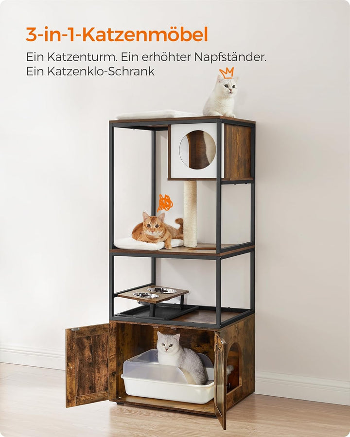 Feandrea Kratzbaum, Katzenbaum, Katzenhaus mit Katzenklo-Schrank, erhöhter Napfständer, Sisalstamm,