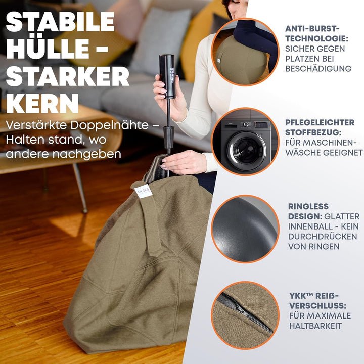MEGGS® Stoff-Sitzball 65cm, Ergonomisch Sitzen im Büro & Zuhause, [Wegrollschutz & Platz-Sicher], Pe