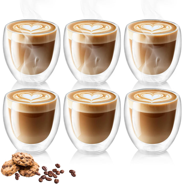 Cappuccino Tassen 6er Set, Cappuccino Gläser, 250ml Doppelwandiges Kaffeegläser, Schwebeeffekt, Ther