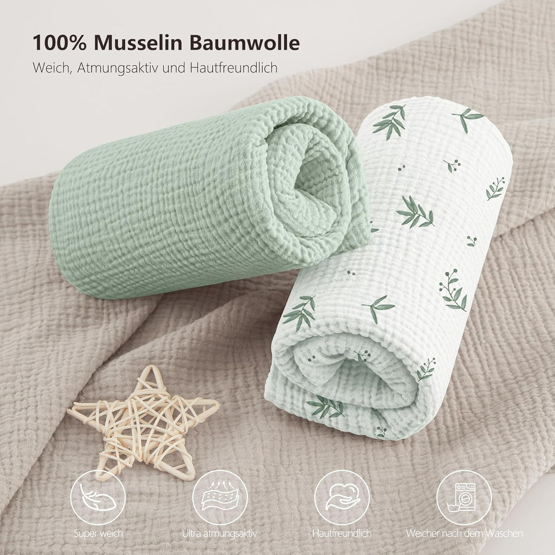 Bearmoss 2er Set Kinder Spannbettlaken,Musselin-Bettlaken 100% Baumwolle Baby-Bettlaken 60x120cm/140