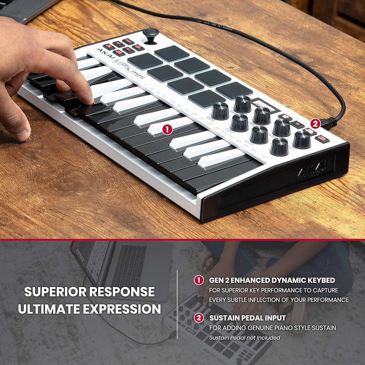 AKAI Professional Midi Controller + Sustain Pedal Bundle - MPK Mini MK3 White USB-MIDI-Keyboard Cont
