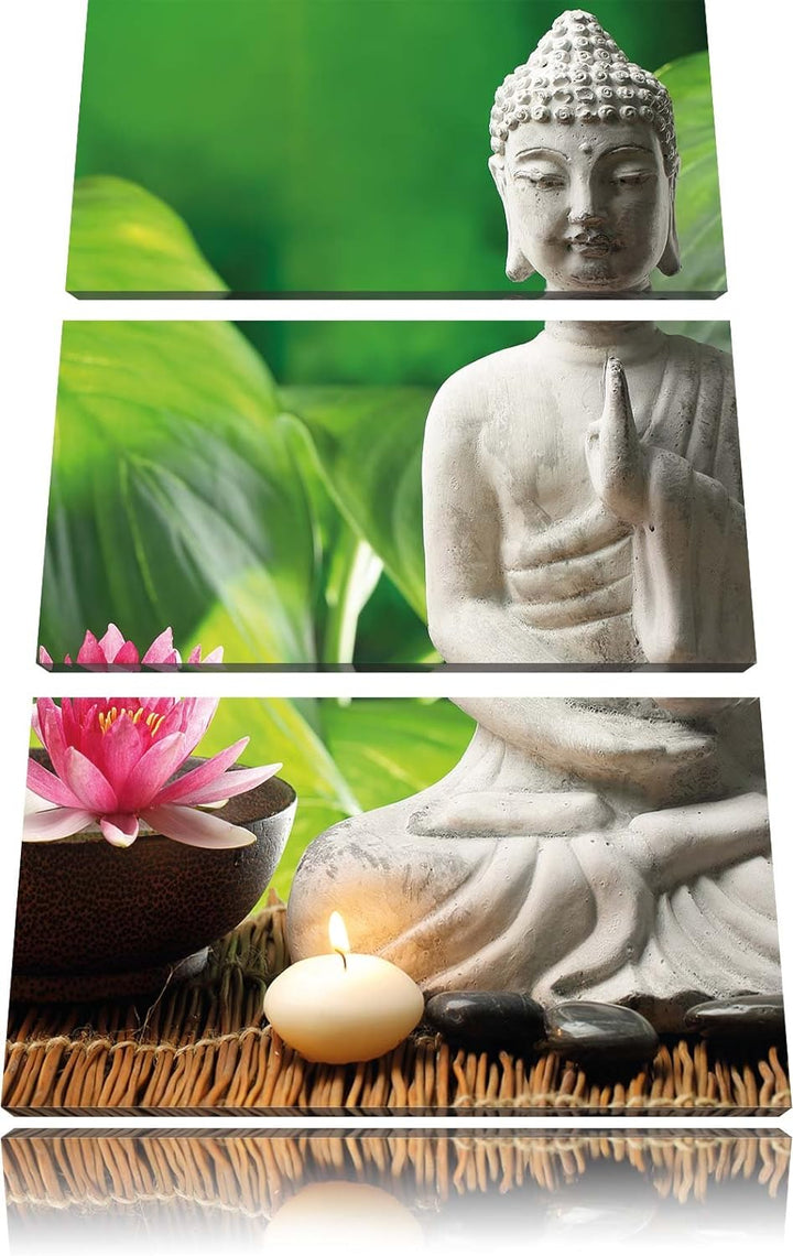 Pixxprint Seerose Buddha Statue als Leinwandbild/Grösse: 3 Teilig (120x80 cm) cm/Wandbild/Kunstdruck