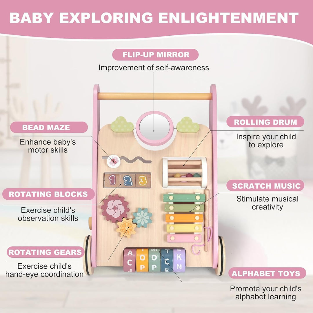 11 in 1 Lauflernhilfe Holz Multifunktion Baby Walker mit gummierten Holzrädern, Kognitive Entwicklun