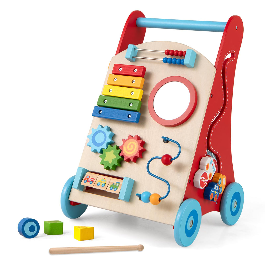 COSTWAY Lauflernhilfe Holz, Baby Lauflernwagen mit Griff, Stauraum & Rädern zum Schieben und Ziehen,