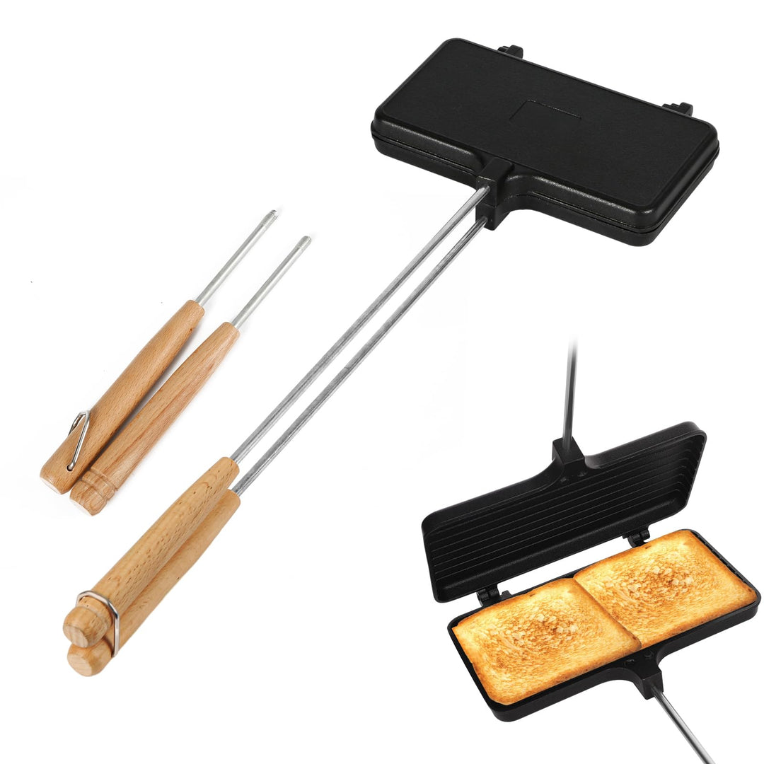 PEUTIER Double Pie Iron, Antihaftbeschichtet Sandwichmaker Camping mit 4 Abnehmbaren Griffen Tragbar