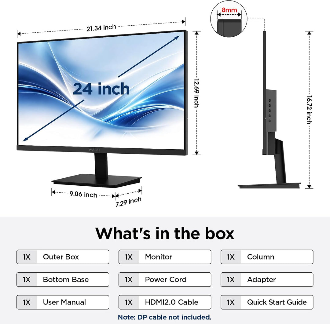 KOORUI 24 Zoll Monitor Full-HD, 75 Hz, 5ms, Eye Comfort, sRGB 99% Farbumfangs,(1920 x 1080, HDMI, VG