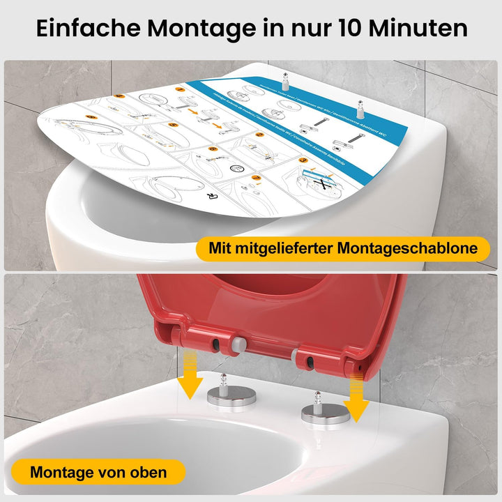 WC Sitz Rot mit absenkautomatik Oval, Toilettendeckel mit Quick-Release Funktion, Klobrille, Klodeck