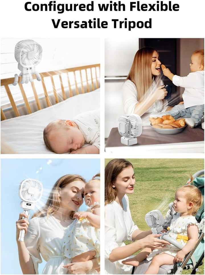 Tragbarer Ventilator Kinderwagen mit 10000mAh, 270° Drehung Ventilator Klein mit 3 Geschwindigkeiten