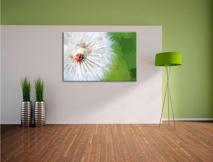 Pixxprint Marienkäfer auf einem Löwenzahn / 100x70cm Leinwandbild bespannt auf Holzrahmen/Wandbild K