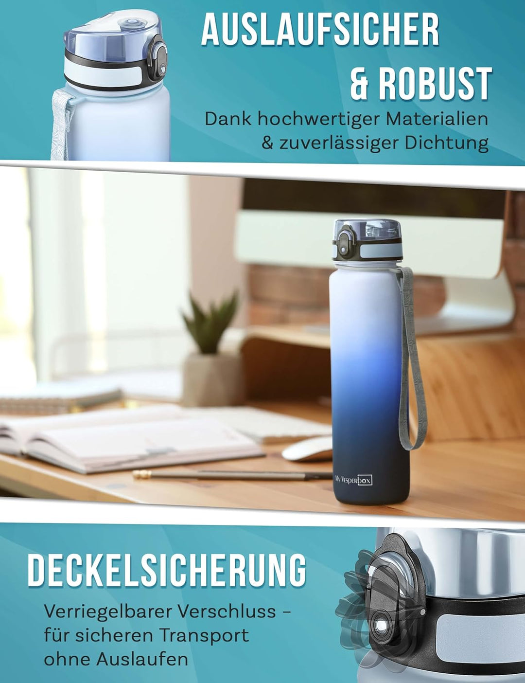 My Vesperbox® Trinkflasche Kinder [1000ML] - Wasserflasche Kohlensäure Geeignet & Auslaufsicher - Wa