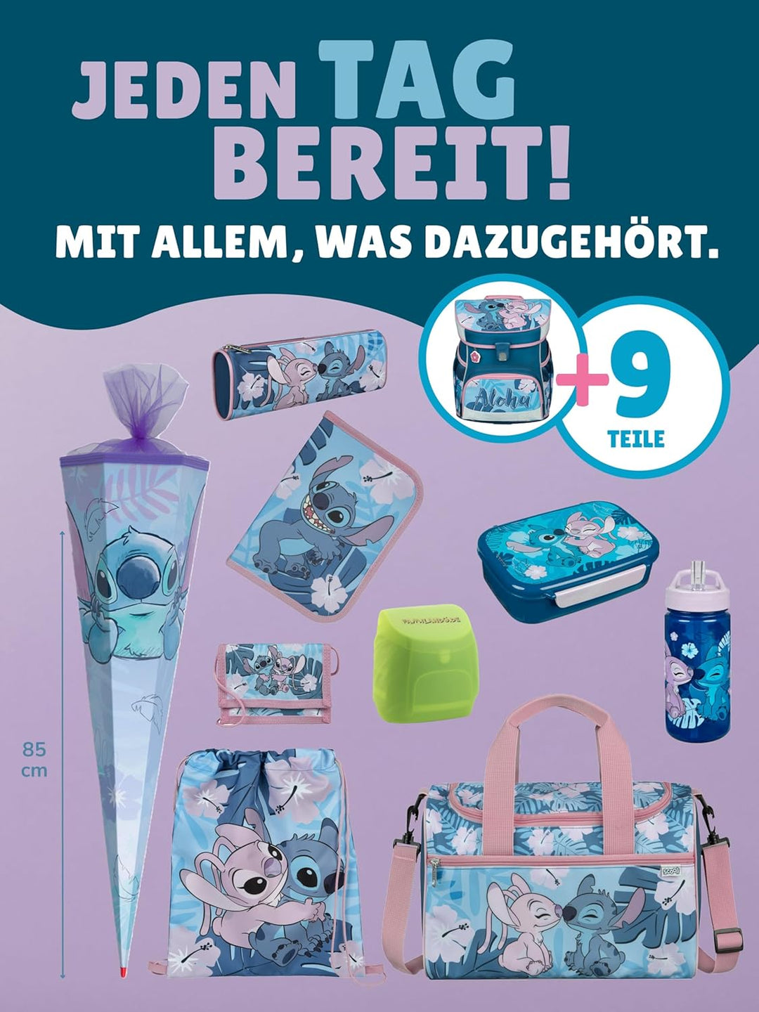 Familando - Scooli Campus Fit Schulranzen Set - 10-teilig mit Schultüte - Disney Stitch - Ergonomisc