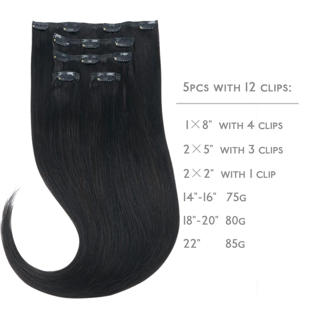 WENNALIFE Clip in Extensions Echthaar, 75g 5pcs 40cm Natürliches Schwarz Extensions Clip in Remy Cli