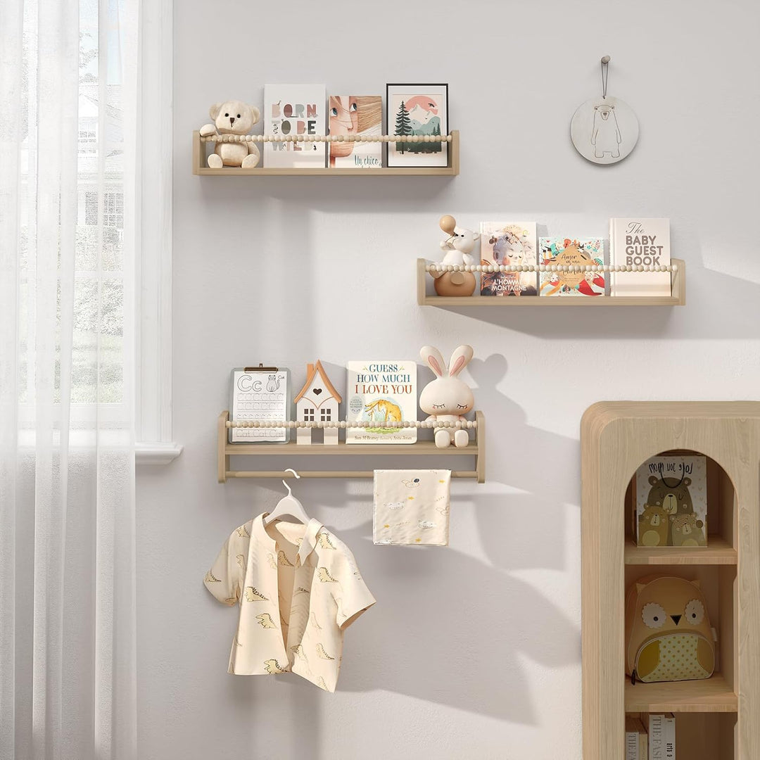 WOLTU 3er Set Kinder Bücherregal Wand, 60cm Wandregal Kinderzimmer, aus Massivholz, Hängeregal Schwe