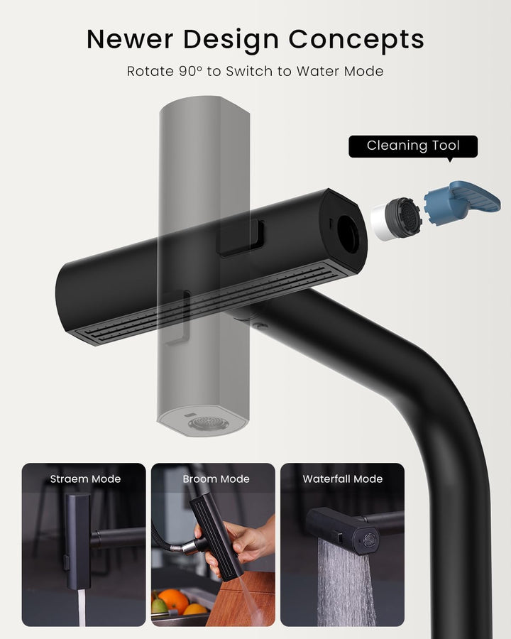 APPASO Wasserhahn Küche Schwarz Wasserfall, Hochdruck Küchenarmatur Schwarz, Küchenarmatur Ausziehba