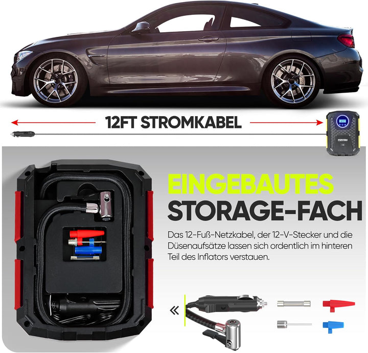 FORTEM Tragbarer Kompressor Autoreifen, Kompressor Fahrrad, 12V Autoreifen Pumpe und Fahrradpumpe El