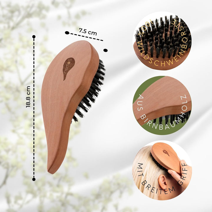 REMOS Natur Haarbürste aus 100% Wildschweinborste mit ergonomischem Griff Rechtshänder Birnbaumholz,