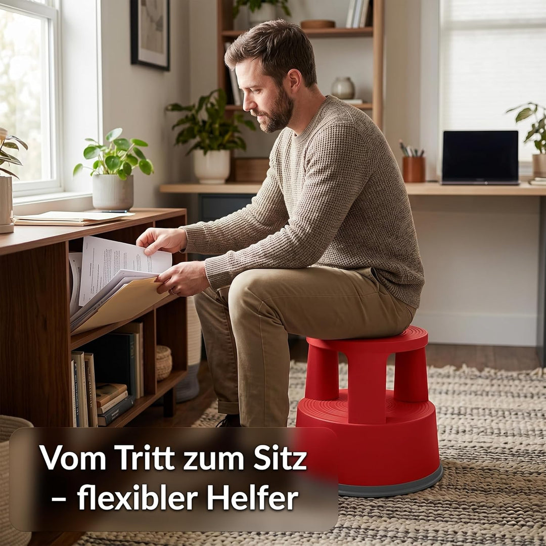 Office Marshal Rollhocker Kunststoff Elefantenfuss rot, Rutschfester Tritthocker mit Rollen, mobiler