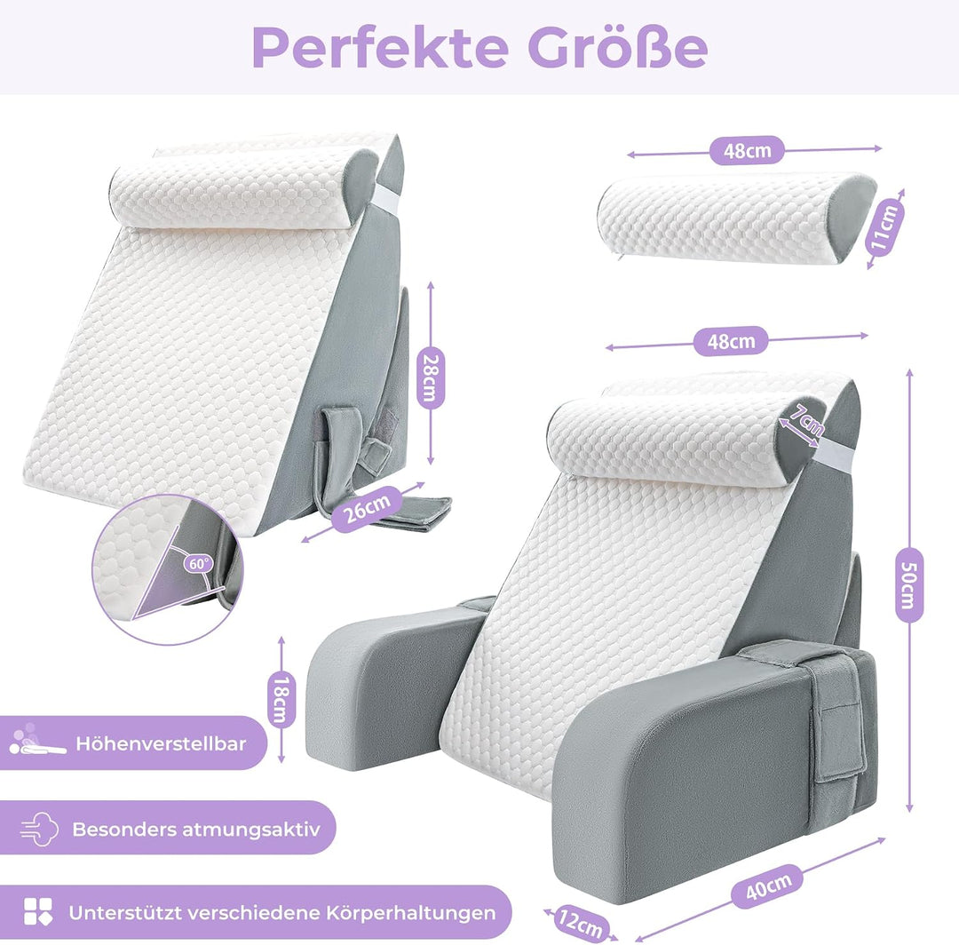 Babenest Gross Lesekissen Bett mit Abnehmbarer Nackenrolle &amp; Armlehne, Ergonomisches Rückenkissen Ko