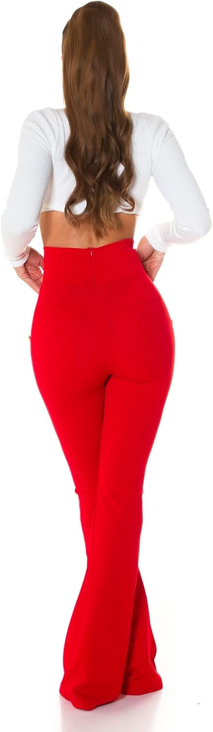 Koucla Stoff Business High Waist Schlag Hose mit Deko Knöpfe L Rot, L Rot