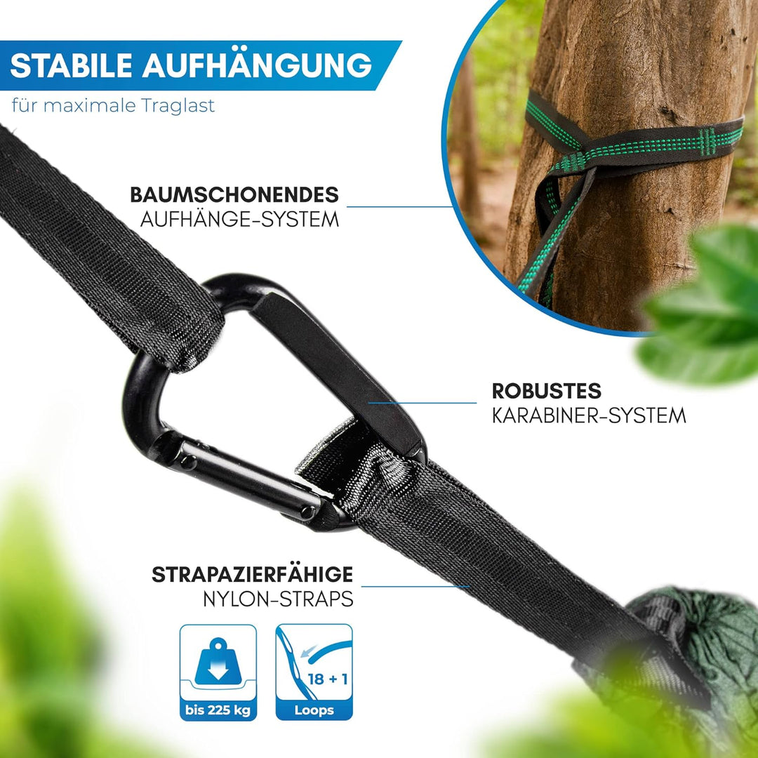 NORDMUT® Ultraleichte Hängematte Outdoor [mit Befestigungs-Set] Camping Hängematte inkl. Baumschutz-