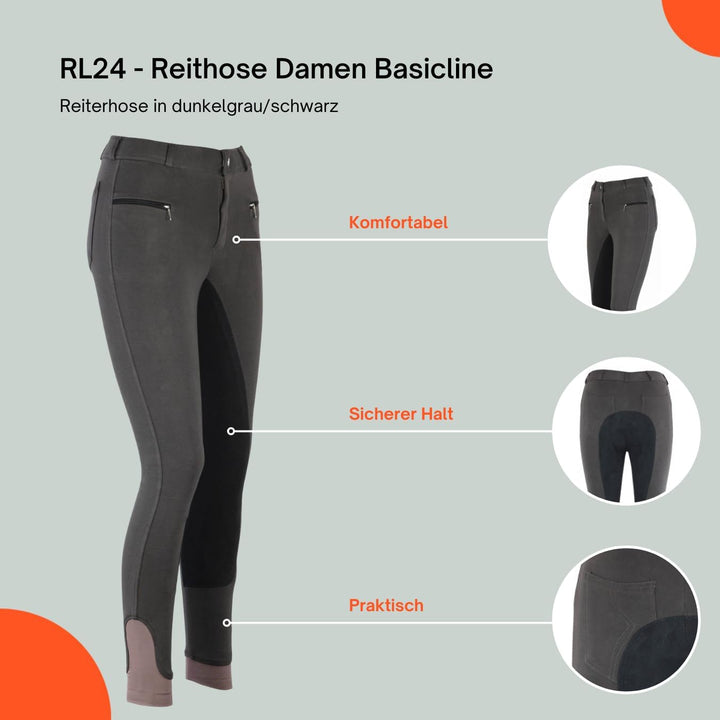 RL24 Damen Reithose Vollbesatz Flex BASICLINE 36 Dunkelgrau/Schwarz, 36 Dunkelgrau/Schwarz