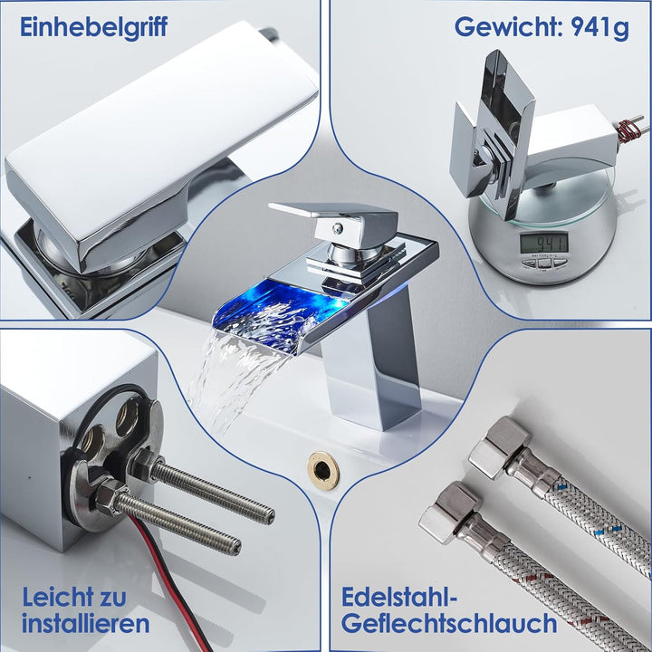 LED Einhebelmischer Waschbecken Wasserhahn, OUGOO RGB 3 Farbwechsel Armatur mit Temperatursensor, Wa