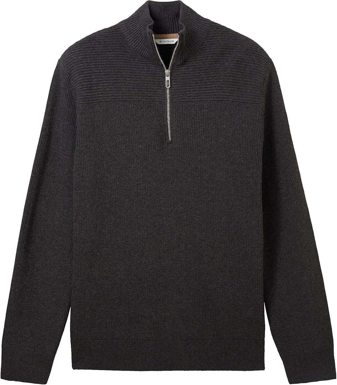 TOM TAILOR Herren Strukturierter Strick-Pullover mit Troyer-Kragen L 10617-black Grey Melange, L 106