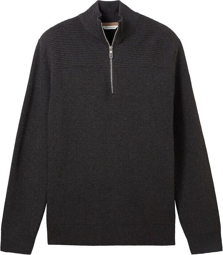 TOM TAILOR Herren Strukturierter Strick-Pullover mit Troyer-Kragen L 10617-black Grey Melange, L 106