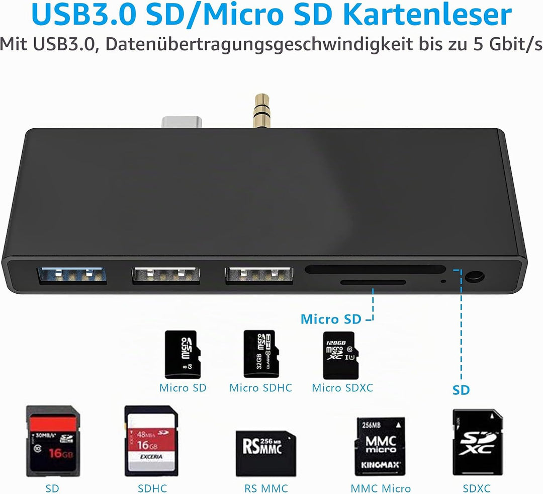 Surface Go Docking Station, USB C Hub Surface Go /Go2 /Go3 mit USB3.0+2 USB 2.0+SD Kartenleser+Micro