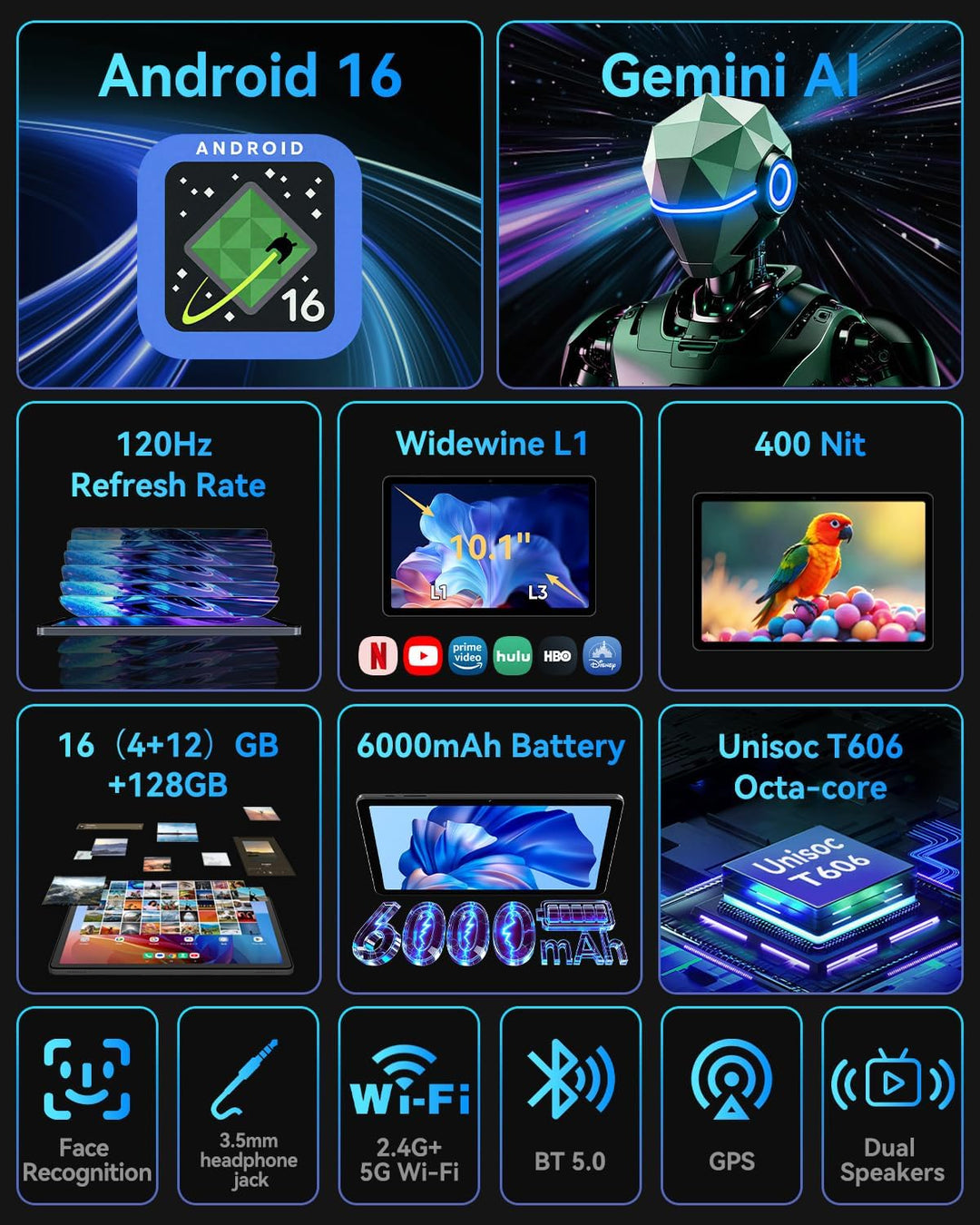 10,1 Zoll Android 16 Tablet mit Gemini AI丨120 Hz HD In-Cell Display丨16 (4+12) GB RAM 128 GB ROM 1 TB