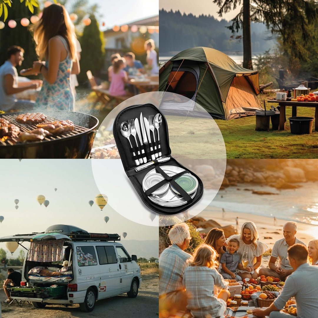 Camping Geschirr Set mit Bechern – Besteckset mit Edelstahl Gabeln, Messer, Löffel, Teller und Silik