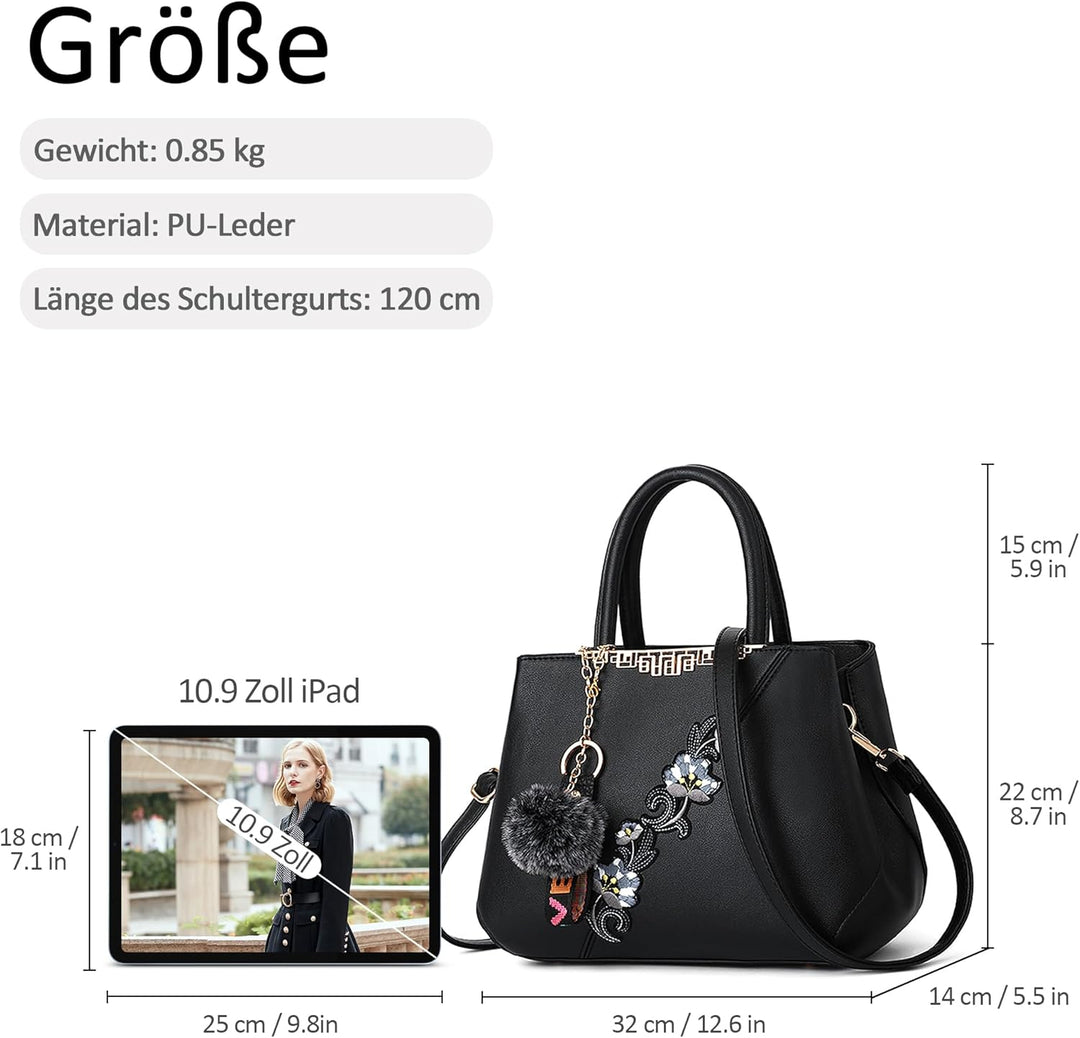 DORRISO Damen Handtasche Mode Stickdesign Schultertasche Grosse Kapazität Umhängetasche Casual Reise
