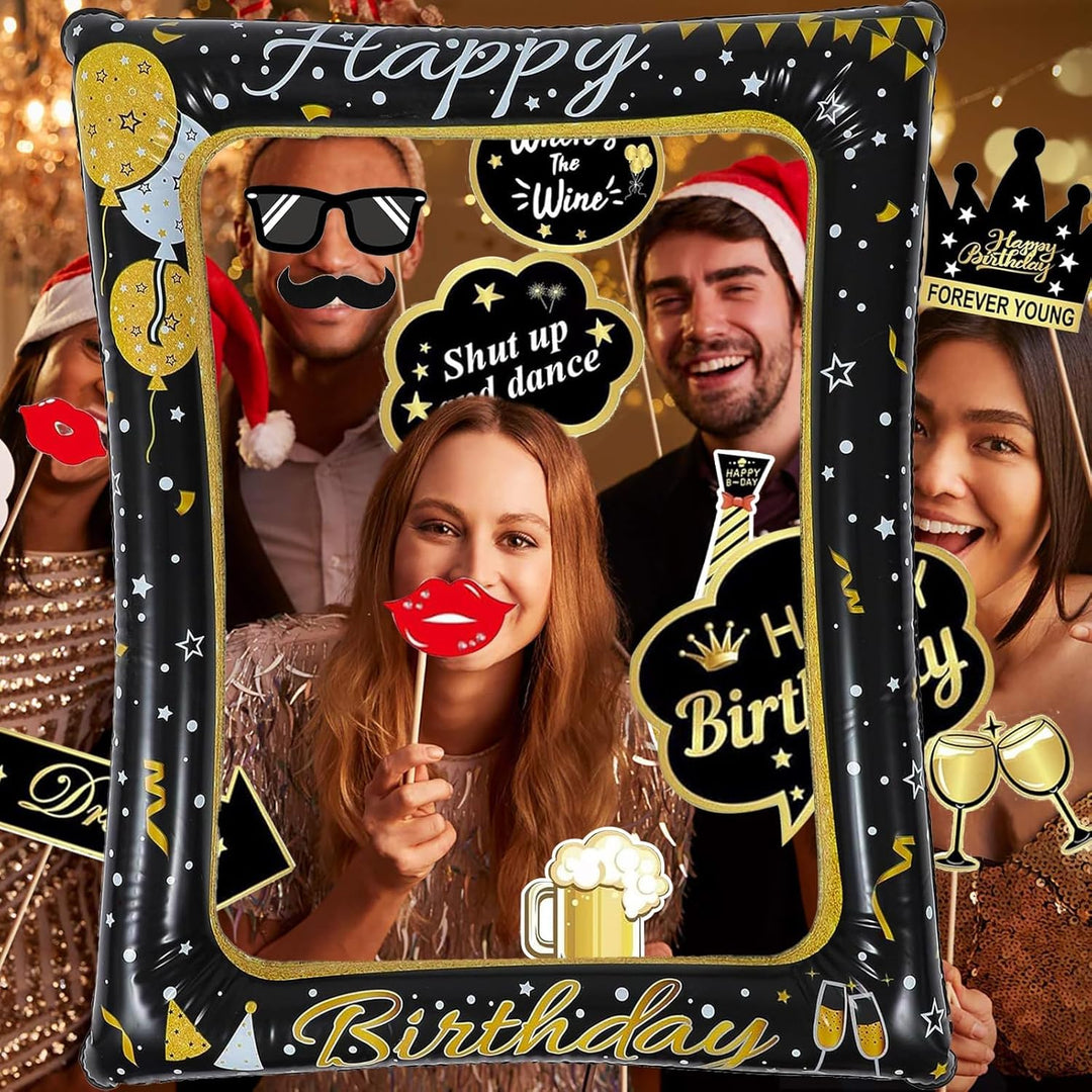 Geburtstag Aufblasbarer Bilderrahmen mit 35 PCS Foto Requisiten, Aufblasbarer Fotorahmen, Happy Birt