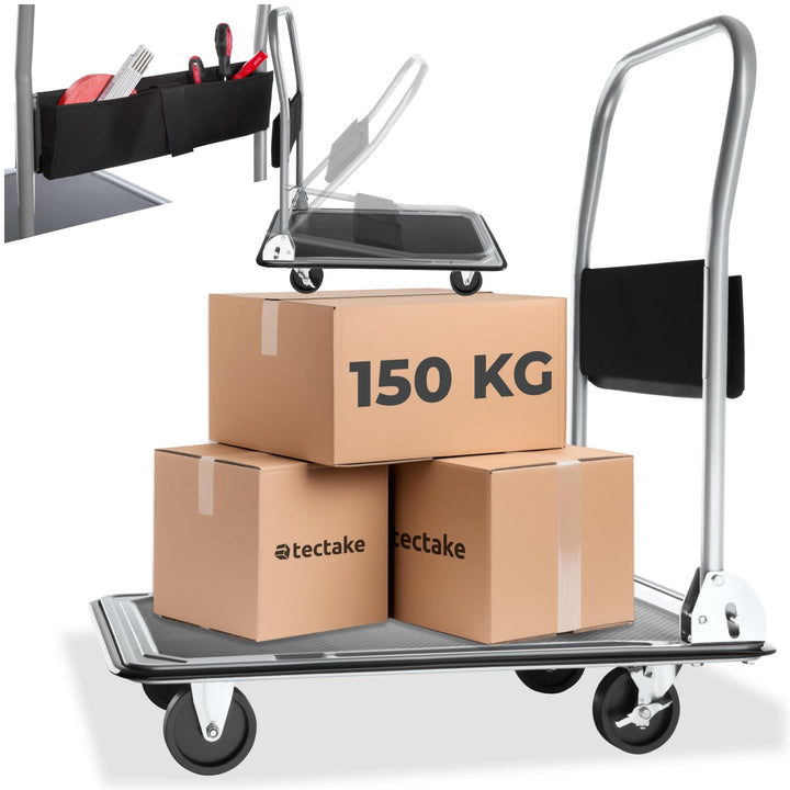 tectake® Plattformwagen 150 kg, Transportwagen klappbar, Transportroller mit Staufach, 2 Blockrollen