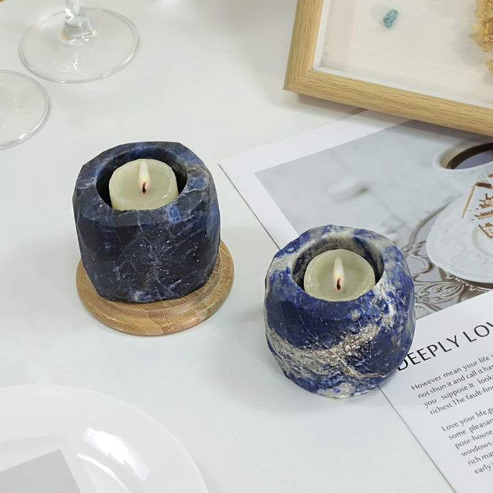 KYEYGWO Sodalith Natürlicher Oval Kristall Kerzenhalter Ornament, Heilung Stein Kerzenständer Polier
